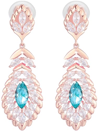 Clip On Crystal Dangle Non Pierced Earrings for Women 14K Gold Plated Jewelry - color: Dec-Turquoise-Rose Gold