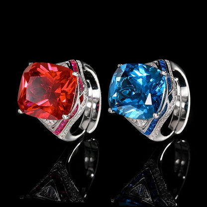 Cushion Gem Cocktail Ring For Women, 2 Colors Blue Red Trapezoid Side Crystal Adjustable Open Statement Evening Ring - color: red