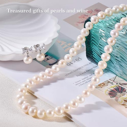 Freshwater Cultured Pearl Necklace Set Includes Cute Bow Pearl Earrings Jewelry for Women - size: 8 to 9mm