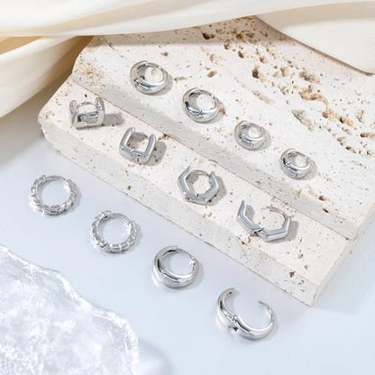 Wgoud Small Gold Hoop Earrings Set for Women, 6 Pairs 14K Gold Plated Hypoallergenic Lightweight Huggie Hoops Earrings, Trendy Cartilage Cubic Zirconia Earrings for Women Gifts. - color: 03Silver