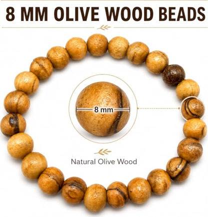 Olive Wood Bracelet Set of 3 from Bethlehem - Handmade 8mm Round Wood Bead Stretch Bracelets, Wooden Jewelry Gift Pack, Boho Beaded Bracelet Trio, Natural Wood Mala Bracelet Set