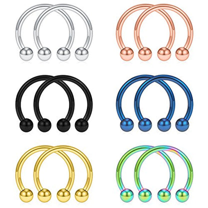 SCERRING 12PCS 10-14mm Stainless Steel Nose Horseshoe Hoop Rings Eyebrow Lip Ear Tragus Septum Piercing Hanger Retainer 16G 14G 12G - style: 14G - Inner Dia. 12mm