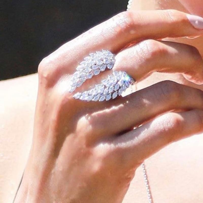 925 Silver Fashion Ladies Open Ring AAA Full Diamond Zircon Wings Adjustable Ring Crystal Angel Wings Ring Sparkle Silver Rhinestone Anniversary Promise Wedding Birthday Jewelry for Women