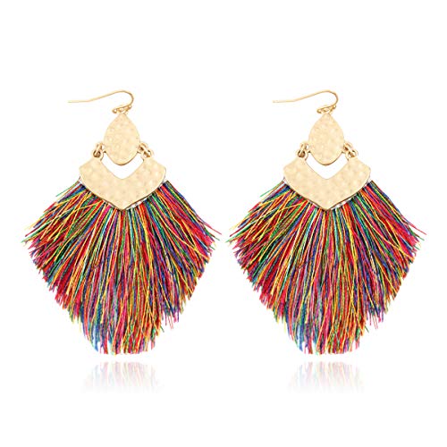 Bohemian Thread Tassel Drop Earrings - Geometric Petal Fan Fringe Feather Statement Chandelier Duster Dangles - color: Boho Tassel Chandelier - Multi
