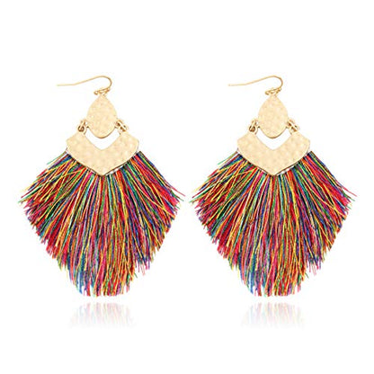 Bohemian Thread Tassel Drop Earrings - Geometric Petal Fan Fringe Feather Statement Chandelier Duster Dangles - color: Boho Tassel Chandelier - Multi