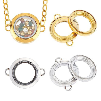 UNICRAFTALE 2Pc 2 Colors Glass Photo Charms Round Floating Lockets Connector Charms 17.5mm Inner Diameter Memory Locket Links Titanium Steel Pendants Bridal Wedding Bouquet Charms for Jewelry Making