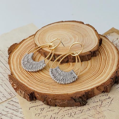 Raffia Hoop Earrings for Women Fun Boho Summer Beach Earrings Lightweight Handmade Straw Wicker Rattan Dangle Earrings Statement Geometric Round Drop Earrings - color: Grey - Teardrop