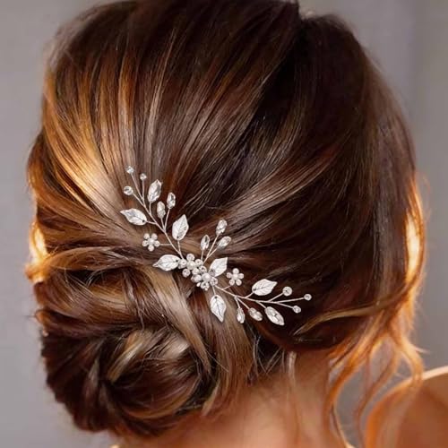 Vintage Crystal Bridal Hair Comb Silver Rhinestone Side Hair Comb Rhinestone Leaf Hair Pieces Sparkly Cz Wedding Hair Comb Clip Headpiece Hair Accessories for Women (Crystal) - color: Crystal