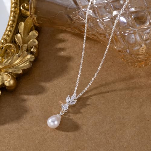 Pearl Necklaces for Women 14k Gold/White Gold Plated CZ Diamond | Dainty Cubic Zirconia Necklace, Bridal Bridesmaids Wedding Jewelry Gifts - color: Silver CZ Leaf Teardrop Pearl