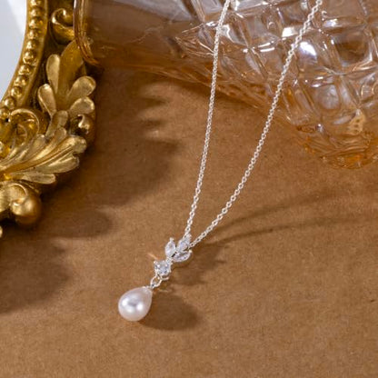 Pearl Necklaces for Women 14k Gold/White Gold Plated CZ Diamond | Dainty Cubic Zirconia Necklace, Bridal Bridesmaids Wedding Jewelry Gifts - color: Silver CZ Leaf Teardrop Pearl