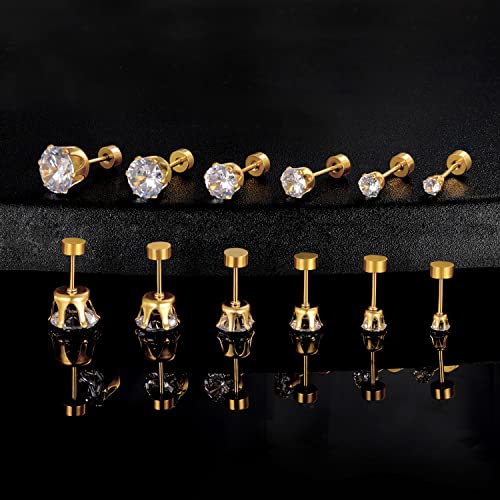 VOLUKA Cubic Zirconia Stainless Steel Screw Flat Back Earring - Hypoallergenic Stud Earrings for Women & Men - 316L Titanium CZ Stud Earrings for Nickel-Free, Trendy & Elegant - color: 6 Pairs- 3-8mm Flat Back-Gold