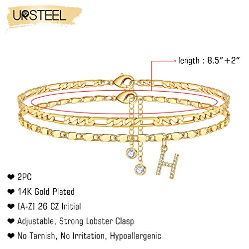 Ursteel Ankle Bracelets for Women, 14K-Gold-Plated Dainty Layered Chain CZ Initial Anklets Set Summer Jewelry Gifts for Women - style: H-Gold-Plated