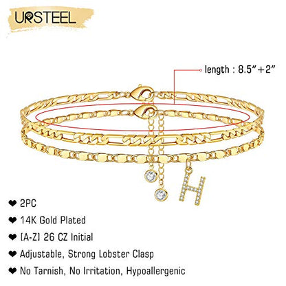 Ursteel Ankle Bracelets for Women, 14K-Gold-Plated Dainty Layered Chain CZ Initial Anklets Set Summer Jewelry Gifts for Women - style: H-Gold-Plated