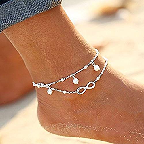 Jean Beau Infinity Beach Anklet bracelet for Women Teen Boho Waterproof Double Layered Dainty Beads Chain Charm Ankle Pearl dangling foot Jewelry Gift - color: Silver