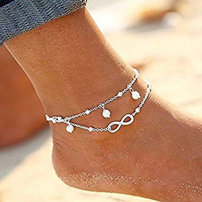 Jean Beau Infinity Beach Anklet bracelet for Women Teen Boho Waterproof Double Layered Dainty Beads Chain Charm Ankle Pearl dangling foot Jewelry Gift - color: Silver