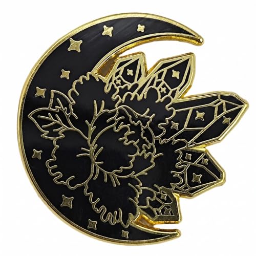 Black Gold Crescent Moon Crystal Flower Enamel Pin, Witchy Celestial Floral Lapel Pin, Gothic Mystical Badge for Jackets Backpacks, Spiritual Gift for Witches Crystal Lovers Gothic Enthusiasts