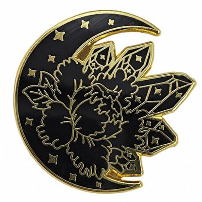 Black Gold Crescent Moon Crystal Flower Enamel Pin, Witchy Celestial Floral Lapel Pin, Gothic Mystical Badge for Jackets Backpacks, Spiritual Gift for Witches Crystal Lovers Gothic Enthusiasts