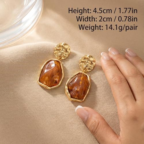 Trendy Orange Earrings for Women Resin Statement Geometric Drop | Radiant gold-tone hammered metal paired with warm amber hues.