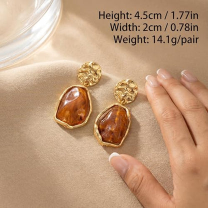 Trendy Orange Earrings for Women Resin Statement Geometric Drop | Radiant gold-tone hammered metal paired with warm amber hues.