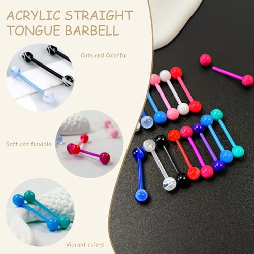 48Pcs 14G Flexible Acrylic Tongue Ring Straight Tongue Barbell | Glow in Dark Plastic Candy Color Tongue Piercing Jewelry for Women Men 16mm Bar