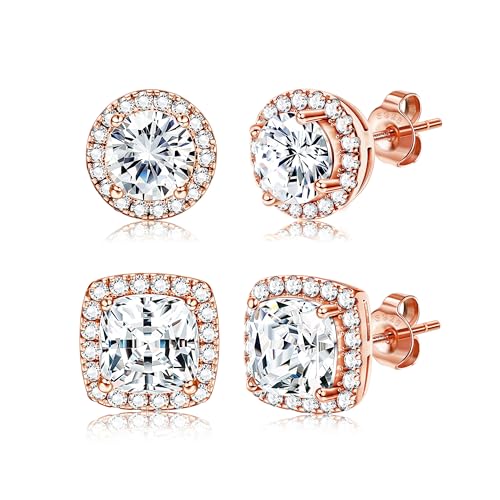 18K Gold Plated Halo Stud Earrings 925 Sterling Silver Cubic Zirconia Stud Earrings Round Square Diamonique Stud Earrings Set for Women Men - color: Rose Gold
