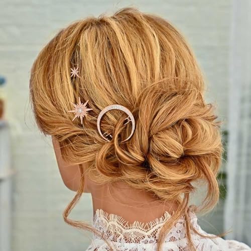 BARTOSI Moon Star Hair Clips Rose Gold Rhinestone Hair Pins Crystal Bobby Pins Bride Wedding Celestial Hair Accessories for Women and Girls (Pack of 3) - color: Rose Gold