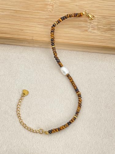 Gemstone Beaded Bracelets with Freshwater Pearl | Crystal Beaded Bracelet Boho Natural Stone Trendy Jewelry Gifts - color: Brown