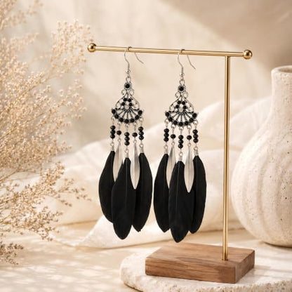 FRESHME Feather Earrings for Women - Native American Jewelry Boho Dangle Ethnic Indian Ear Drop for Music Festival Birthday - color: Black