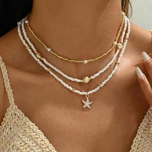 Nackiy Shell Necklace for Women, Handmade Summer Beach Jewelry Gift | Natural Sea Shell Necklace, Adjustable Collar Fit, Coastal Beach Style, Shell Starfish Charms, Lightweight Summer Jewelry - color: Gold-Plated 4