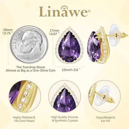 Linawe Women Stud Earrings, Teardrop Diamond Moissanite Cubic Zirconia Earrings Studs Rhinestone Jewelry Gold/Silver/Rose Gold - color: Gold,Feb