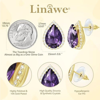 Linawe Women Stud Earrings, Teardrop Diamond Moissanite Cubic Zirconia Earrings Studs Rhinestone Jewelry Gold/Silver/Rose Gold - color: Gold,Feb