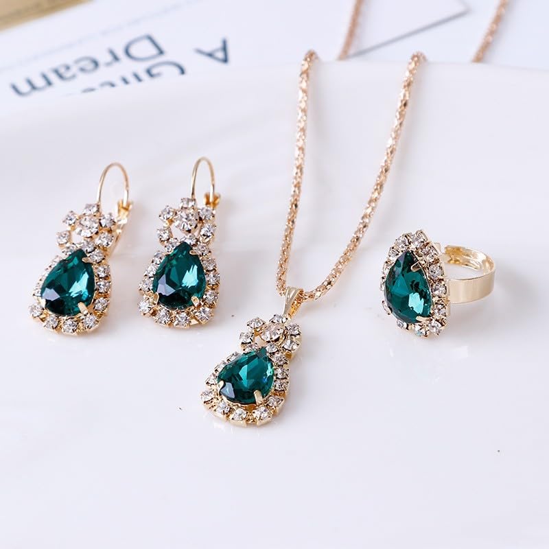 MALOYANVE 4PCS Crystal Heart Jewelry Set Glitter Gold Cubic Zirconia Love Heart Pendant Necklace Lightweight Hoop Earrings Bangle Bracelet Adjustable Open Ring Prom Wedding Jewelry for Women - color: Green