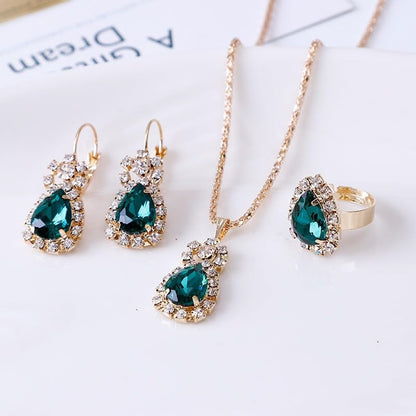 MALOYANVE 4PCS Crystal Heart Jewelry Set Glitter Gold Cubic Zirconia Love Heart Pendant Necklace Lightweight Hoop Earrings Bangle Bracelet Adjustable Open Ring Prom Wedding Jewelry for Women - color: Green