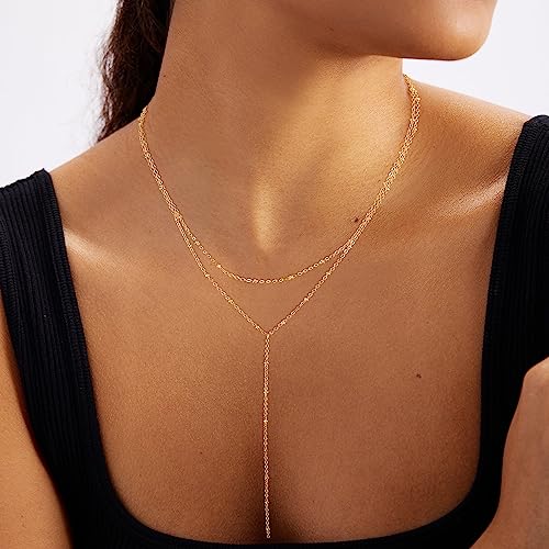 Foxgirl Lariat Gold Necklace for Women, Dainty Long Necklace 14k Gold Plated/Silver Y-Shaped Pendant Necklace Trendy Layered Cz Beaded Chain Drop Necklaces Simple Gold Jewelry For Women Gift - color: Y Small Layered Satellite-GD