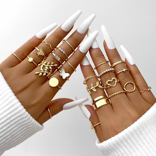 iF YOU 25 Pcs Gold Stackable Ring Set for Women, Chunky Knuckle Finger Midi Rings, Silver Simple Stacking Cute Rings Pack Trendy Stuff Jewelry Gift - style: 24 Gold leaf-size 6-9