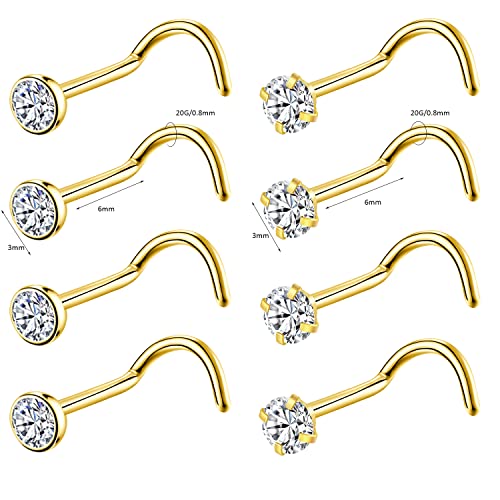 8PCS G23 Titanium Twist Screw Nose Studs 18G 20G Nose Rings 2mm 2.5mm 3mm Clear Pink Purple Aurora CZ Gold Nose Piercing Studs Nostril for Women Men - style: 20g gold clear cz 3mm