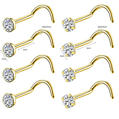 8PCS G23 Titanium Twist Screw Nose Studs 18G 20G Nose Rings 2mm 2.5mm 3mm Clear Pink Purple Aurora CZ Gold Nose Piercing Studs Nostril for Women Men - style: 20g gold clear cz 3mm