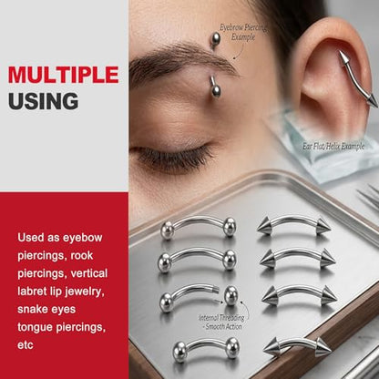8Pack 16G 6-12mm 316L Surgical Steel Eyebrow Rings Curved Barbell Rook Daith Anti Eyebrow Piercing Jewelry Vertical Labret Jewelry for Women Men