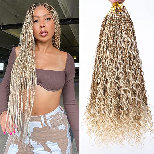 Unionbeauty 18 Inch Boho Box Braids Crochet Hair Pre-looped 8 PCS Goddess Box Braids Crochet Hair Curly Ends Mix Blonde Bohemian Hippie Crochet Braids Synthetic Braiding Hair for Black Woman M27/613# - color: M27/613, size: 18 Inch (Pack of 8)