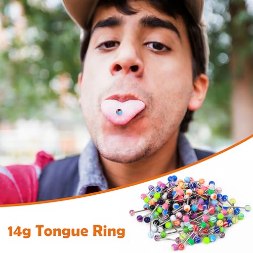 100Pcs 14G Acrylic Tongue Rings, Multi Color Assortment Flexible Tongue Rings Barbells Mix Piercing - style: 50 Pairs-Metal Bar