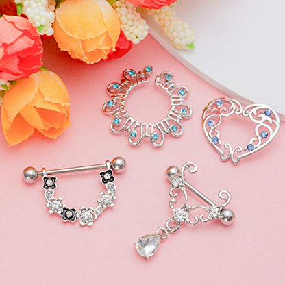 Hicarer 12 Pieces Fake Breast Ring Stainless Steel Dangle Include 8pcs Non-Piercing Breast Rings and 4pcs Faux Piercing Breast Rings for Women Piercing Jewelry