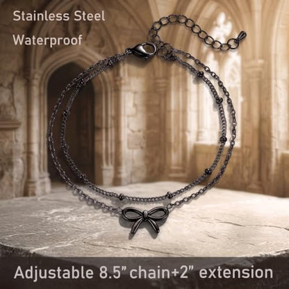 Quietsun Trendy 2 Layers Anklet Bracelets for Women-Waterproof-Adjustable-for General/Big Anklets-Gold/Silver - color: Black