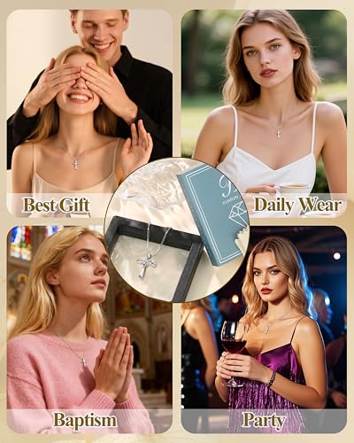 FUNRUN JEWELRY 925 Sterling Silver Cross Necklace for Women 3 Stone Cubic Zirconia Silver Cross Pendant Necklaces with 1 MM Box Chain,18 Inches