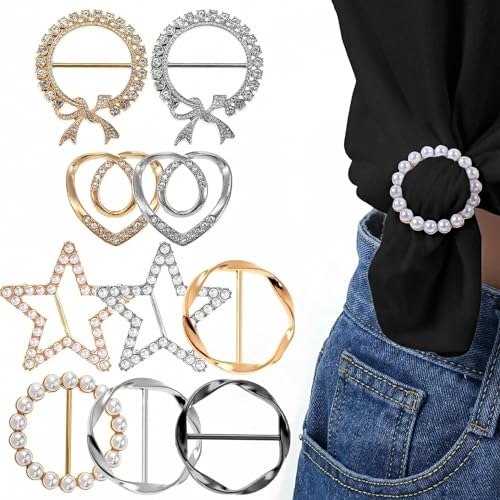10PCS Scarf Ring Clip -T-shirt Ties Clips Clothes Corner Knotted Button for Women Fashion Metal Round Circle Shirt