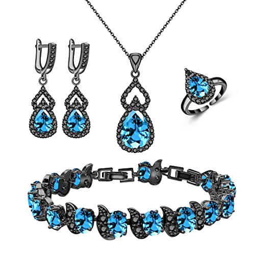 LMXXVJ Women Jewelry Set Platinum Plated Necklace Open Ring Earrings Bracelet Set,Birthday/Anniversary Mother’s Day Jewelry Gifts for Mom/Wife/Sister/Best Friend - color: Black Gun-Sky Blue