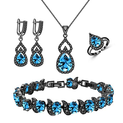 LMXXVJ Women Jewelry Set Platinum Plated Necklace Open Ring Earrings Bracelet Set,Birthday/Anniversary Mother’s Day Jewelry Gifts for Mom/Wife/Sister/Best Friend - color: Black Gun-Sky Blue