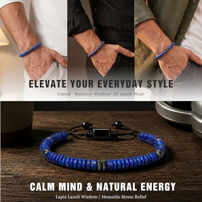 Natural Stone Beaded Bracelet for Men Women Boho Adjustable - color: Lapis Lazuli