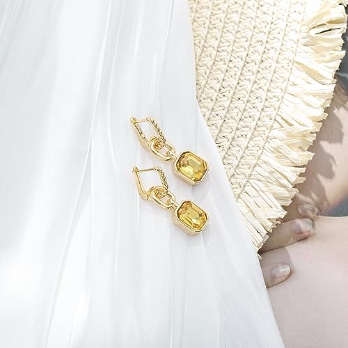 Birthstone Crystal Dangle Drop Earrings, 18K Gold Plated Huggie HoopEarring | Hypoallergenic Earring Jewelry Gifts for Women, Birthdays, anniversaries, weddings - color: Yellow-1