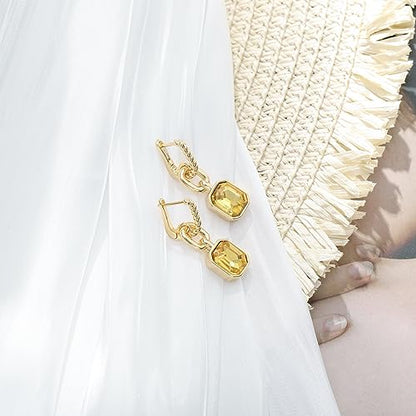 Birthstone Crystal Dangle Drop Earrings, 18K Gold Plated Huggie HoopEarring | Hypoallergenic Earring Jewelry Gifts for Women, Birthdays, anniversaries, weddings - color: Yellow-1