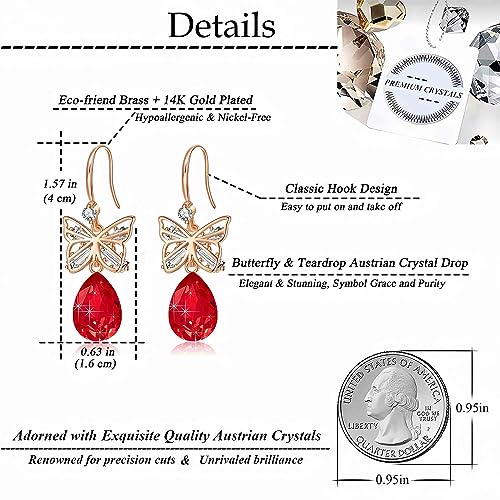 Austrian Crystal Teardrop Butterfly Drop Dangle Earrings for Women 14K Rose Gold Plated Hypoallergenic Jewelry - color: Red